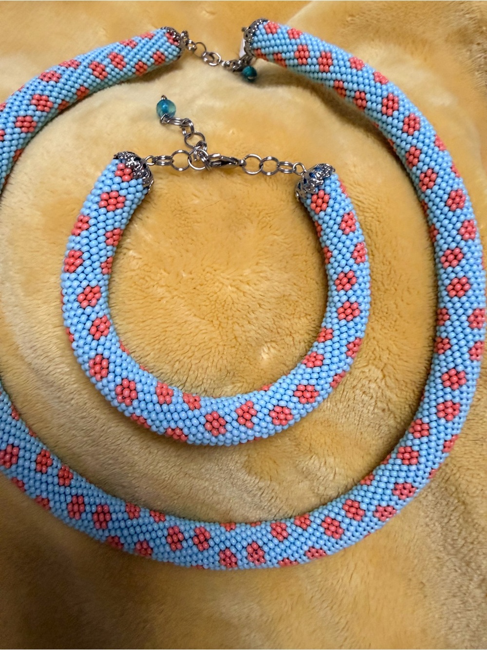 Handcrafted Light Blue & Coral Beaded Necklace and Bracelet Set